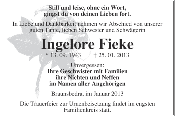 Traueranzeige von Ingelore Fieke von Mitteldeutsche Zeitung Merseburg/Querfurt