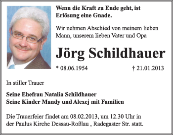 Traueranzeige von Jörg Schildhauer von Mitteldeutsche Zeitung Dessau-Roßlau
