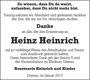 Traueranzeige von Heinz Heinrich von Mitteldeutsche Zeitung Dessau-Roßlau