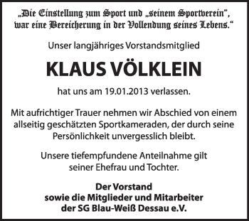 Traueranzeige von Klaus Völklein von Mitteldeutsche Zeitung Dessau-Roßlau