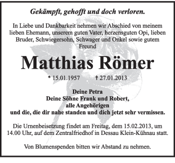 Traueranzeige von Matthias Römer von Mitteldeutsche Zeitung Dessau-Roßlau