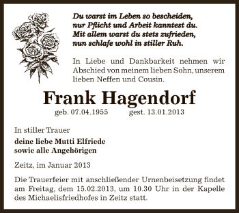 Traueranzeige von Frank Hagendorf von Mitteldeutsche Zeitung Zeitz