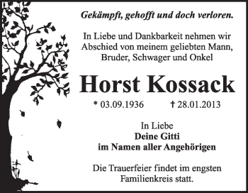 Traueranzeige von Horst Kossack von Mitteldeutsche Zeitung Dessau-Roßlau