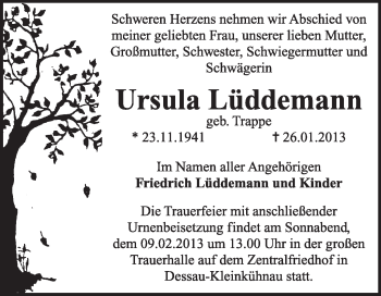 Traueranzeige von Ursula Lüddemann von Mitteldeutsche Zeitung Dessau-Roßlau