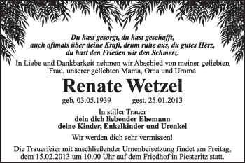 Traueranzeige von Renate Wetzel von Mitteldeutsche Zeitung Jessen