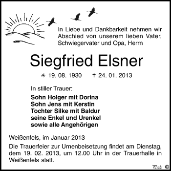 Traueranzeige von Siegfried Elsner von Mitteldeutsche Zeitung Weißenfels