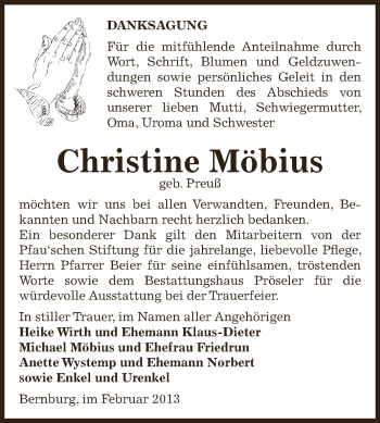 Traueranzeige von Christine Möbius von Mitteldeutsche Zeitung Bernburg