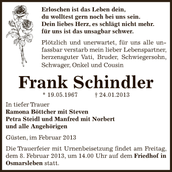 Traueranzeige von Frank Schindler von Mitteldeutsche Zeitung Bernburg