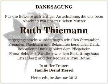 Traueranzeige von Ruth Thiemann von Mitteldeutsche Zeitung Mansfelder Land