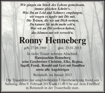 Traueranzeige von Ronny Henneberg von Mitteldeutsche Zeitung Quedlinburg
