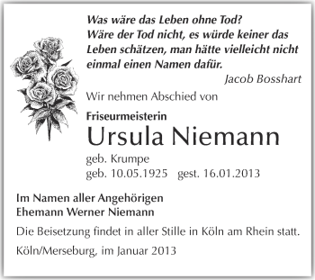 Traueranzeige von Ursula Niemann von Mitteldeutsche Zeitung Merseburg/Querfurt