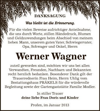 Traueranzeige von Werner Wagner von Mitteldeutsche Zeitung Zeitz