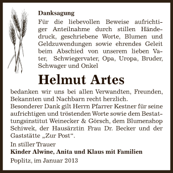 Traueranzeige von Helmut Artes von Mitteldeutsche Zeitung Bernburg