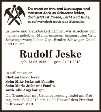 Traueranzeige von Rudolf Jeske von Mitteldeutsche Zeitung Bernburg