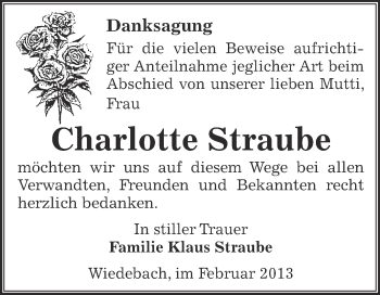 Traueranzeige von Charlotte Straube von Mitteldeutsche Zeitung Weißenfels