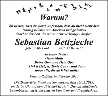 Traueranzeige von Sebastian Bettzieche von Mitteldeutsche Zeitung Dessau-Roßlau