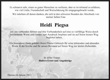 Traueranzeige von Heidi Piegsa von Mitteldeutsche Zeitung Dessau-Roßlau