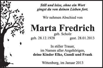 Traueranzeige von Marta Fredrich von Mitteldeutsche Zeitung Wittenberg