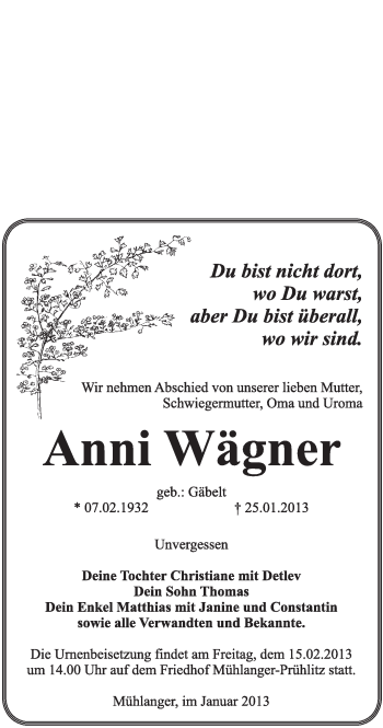 Traueranzeige von Anni Wägner von Mitteldeutsche Zeitung Jessen