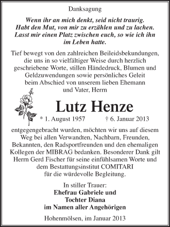 Traueranzeige von Lutz Henze von Mitteldeutsche Zeitung Weißenfels