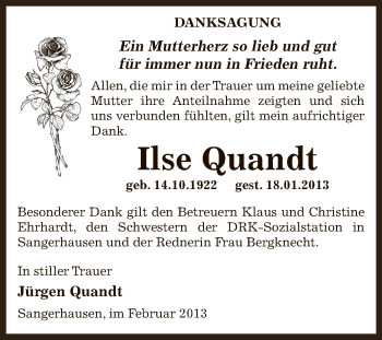 Traueranzeige von Ilse Quandt von Mitteldeutsche Zeitung Sangerhausen