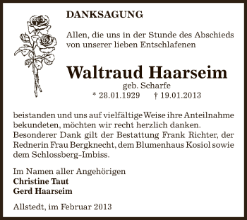 Traueranzeige von Waltraud Haarseim von Mitteldeutsche Zeitung Sangerhausen