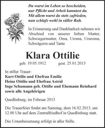Traueranzeige von Klara Ottilie von Mitteldeutsche Zeitung Quedlinburg