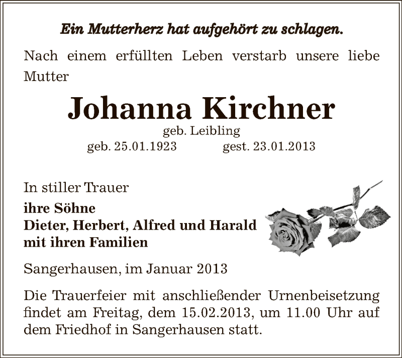  Traueranzeige für Johanna Kirchner vom 03.02.2013 aus Mitteldeutsche Zeitung Sangerhausen