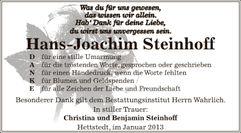 Traueranzeige von Hans-Joachim Steinhoff von Mitteldeutsche Zeitung Mansfelder Land