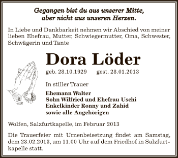 Traueranzeige von Dora Löder von Mitteldeutsche Zeitung Bitterfeld