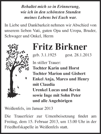 Traueranzeige von Fritz Birkner von Mitteldeutsche Zeitung Weißenfels