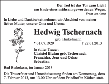 Traueranzeige von Hedwig Tschernach von Mitteldeutsche Zeitung Köthen
