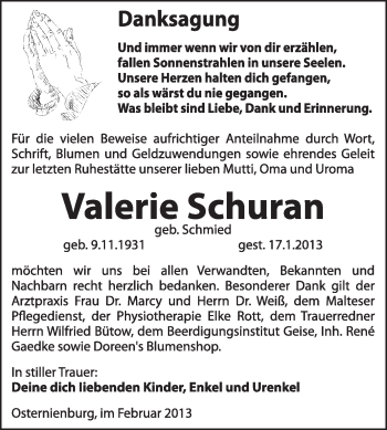Traueranzeige von Valerie Schuran von Mitteldeutsche Zeitung Köthen