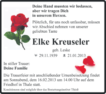 Traueranzeige von Elke Kreuseler von Mitteldeutsche Zeitung Quedlinburg