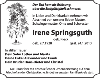 Traueranzeige von Irene Springsguth von Mitteldeutsche Zeitung Jessen