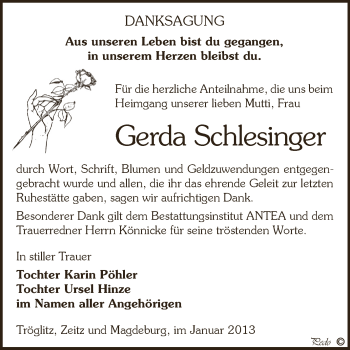Traueranzeige von Gerda Schlesinger von Mitteldeutsche Zeitung Zeitz