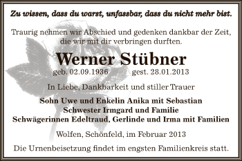 Traueranzeige von Werner Stübner von Mitteldeutsche Zeitung Bitterfeld