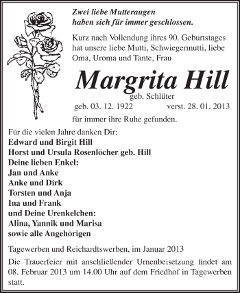 Traueranzeige von Margrita Hill von Mitteldeutsche Zeitung Weißenfels