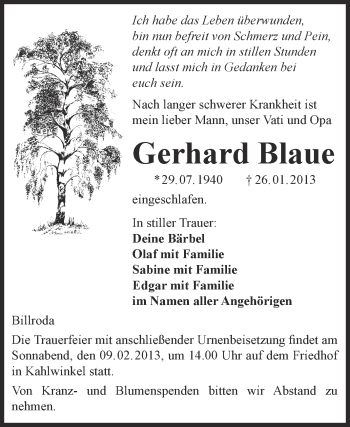 Traueranzeige von Gerhard Blaue von Mitteldeutsche Zeitung Naumburg/Nebra