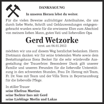Traueranzeige von Gerd Wetzorke von Mitteldeutsche Zeitung Sangerhausen