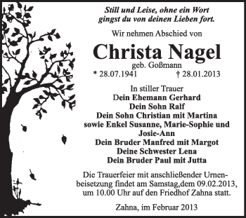 Traueranzeige von Christa Nagel von Mitteldeutsche Zeitung Jessen