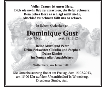 Traueranzeige von Dominique Gust von Mitteldeutsche Zeitung Jessen