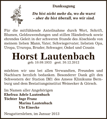 Traueranzeige von Horst Lautenbach von Mitteldeutsche Zeitung Bernburg