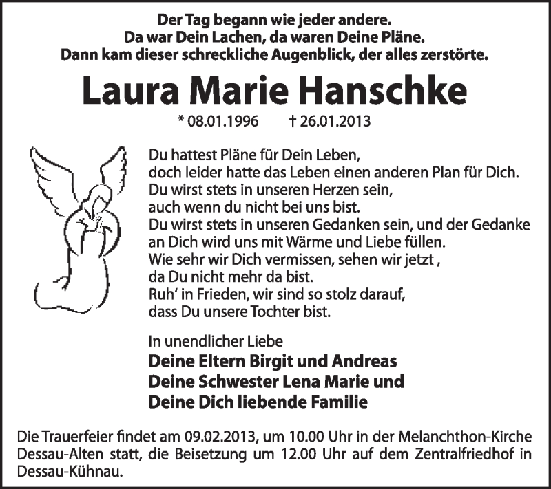  Traueranzeige für Laura Marie  Hanschke vom 03.02.2013 aus Mitteldeutsche Zeitung Dessau-Roßlau