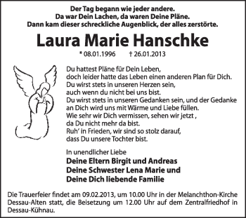 Traueranzeige von Laura Marie  Hanschke von Mitteldeutsche Zeitung Dessau-Roßlau