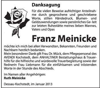 Traueranzeige von Franz Meinicke von Mitteldeutsche Zeitung Dessau-Roßlau