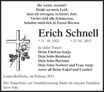 Traueranzeige von Erich Schnell von Mitteldeutsche Zeitung Merseburg/Querfurt
