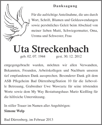 Traueranzeige von Uta Streckenbach von Mitteldeutsche Zeitung Merseburg/Querfurt