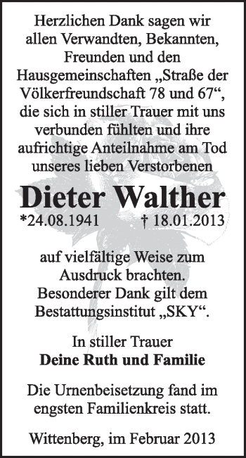 Traueranzeige von Dieter  Walther von Mitteldeutsche Zeitung Jessen