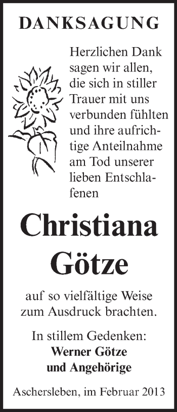 Traueranzeige von Christiana Götze von Mitteldeutsche Zeitung Aschersleben